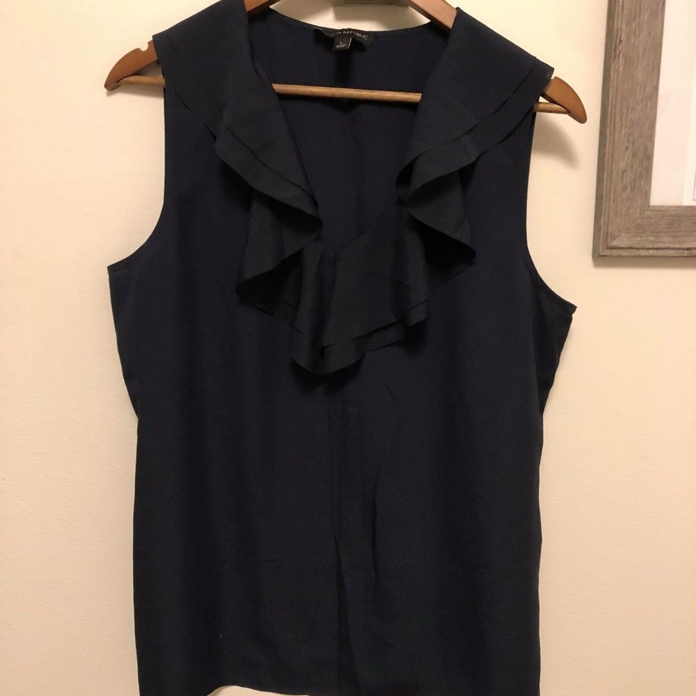 BR Navy Ruffle Neck Sleeveless Blouse